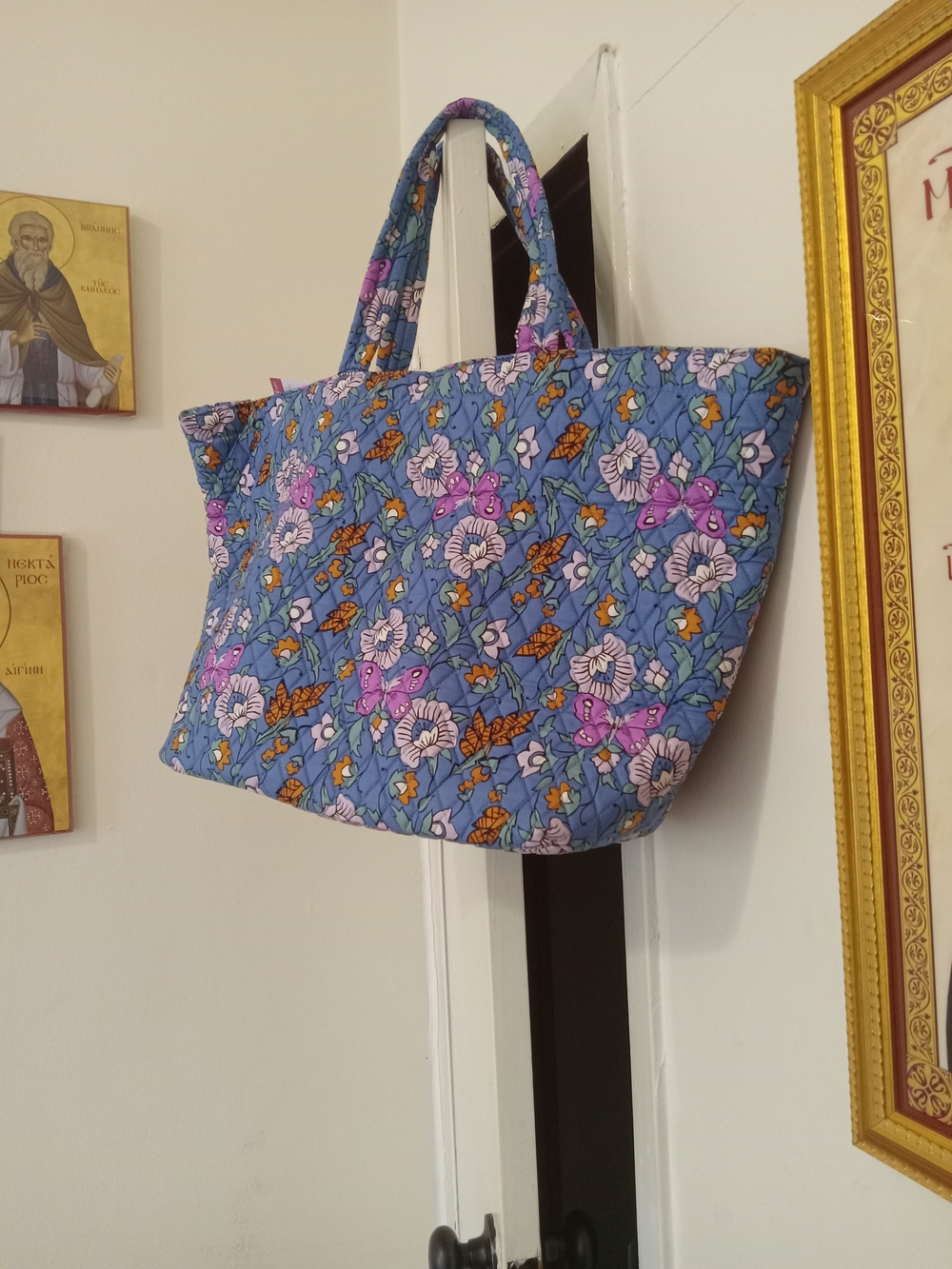 Vera Bradley Blue Quilted Floral Tote with Purple and Orange Accents - Picture 2 of 14